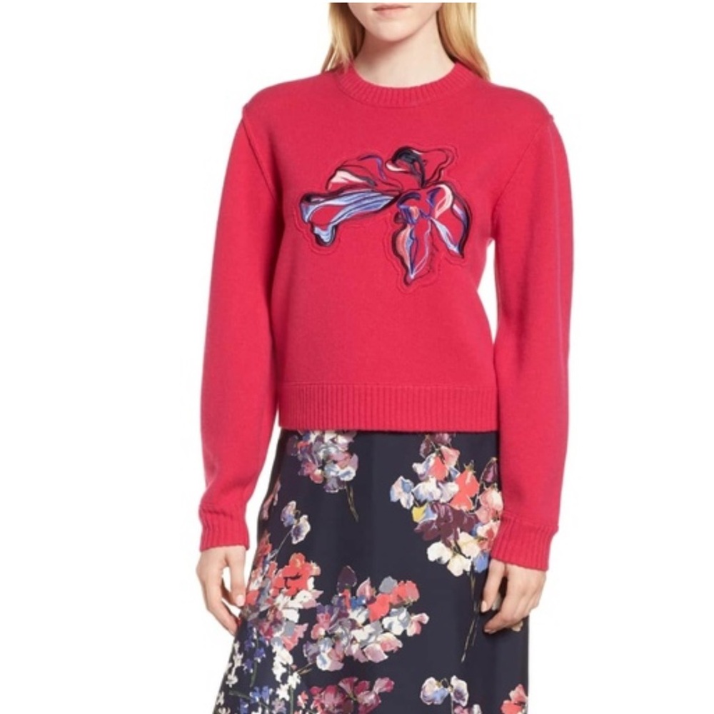 Lewit Embroidered Abstract Flower Sweater – Coral Red Wool-Blend – XS –